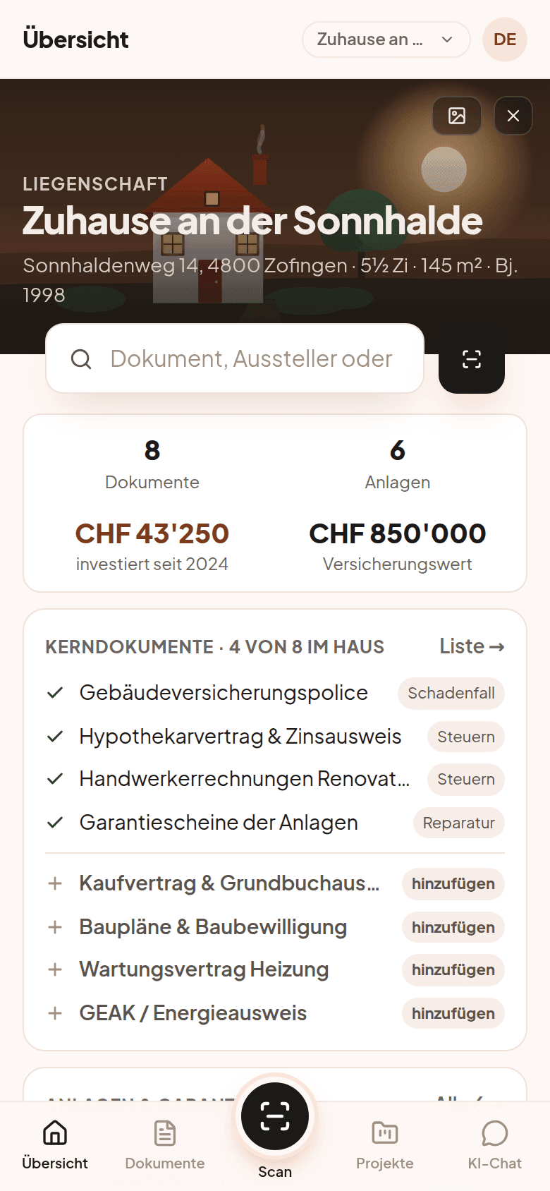 ImmoAkte Übersicht auf dem Smartphone: Kerndokumente, Anlagen und Fristen einer Liegenschaft