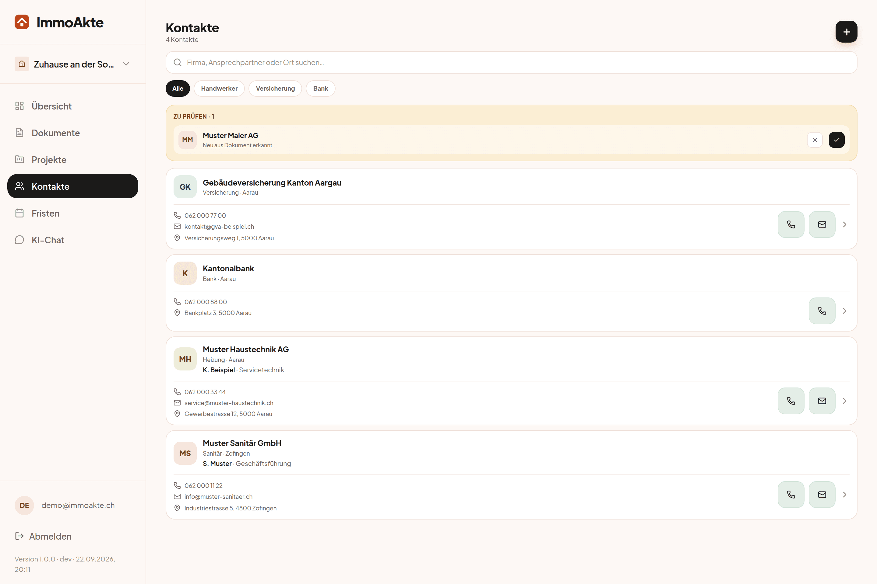 Handwerker- und Versicherungskontakte einer Liegenschaft in ImmoAkte